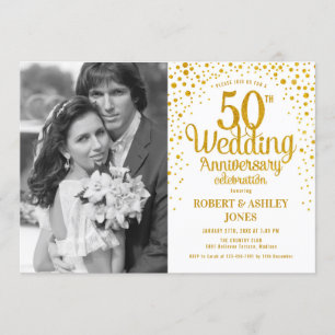 50th Anniversary with Photo - White Gold Invitation
