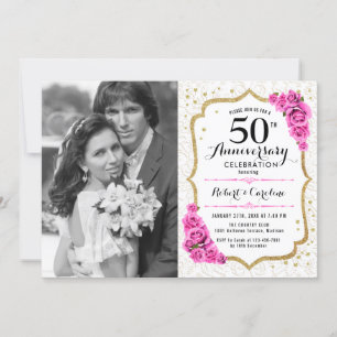 50th Anniversary with Photo - White Gold Pink Invitation