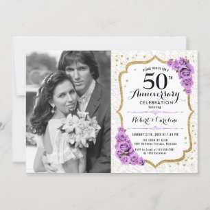 50th Anniversary with Photo - White Gold Purple Invitation