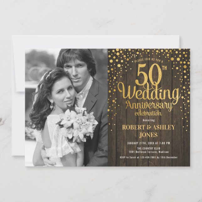 50th Anniversary with Photo - Wood Gold Invitation (Front)