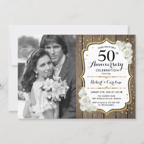 50th Anniversary with Photo _ Wood Gold White Invitation