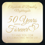 50th Anniversary YEARS INTO FOREVER Thank You  Square Sticker<br><div class="desc">Celebrate 50th wedding anniversary with these personalized thank you stickers with an elegant gold calligraphy script typography design of 50 YEARS INTO FOREVER accented with interlocking linked gold hearts and faux brushed metallic gold background and confetti. The title is editable to use for any year anniversary. Contact the designer via...</div>