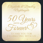 50th Anniversary YEARS INTO FOREVER Thank You  Square Sticker<br><div class="desc">Celebrate 50th wedding anniversary with these personalized thank you stickers with an elegant gold calligraphy script typography design of 50 YEARS INTO FOREVER accented with interlocking linked gold hearts and faux brushed metallic gold background and confetti. The title is editable to use for any year anniversary. Contact the designer via...</div>