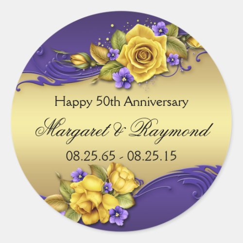 50th Anniversary Yellow Roses Purple Pansies Classic Round Sticker