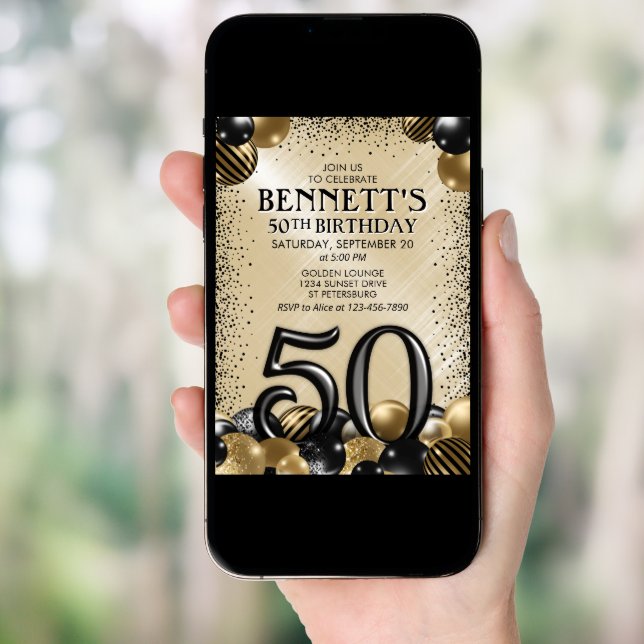 50th Balloons Black Gold Birthday Invitation (Front Digital)