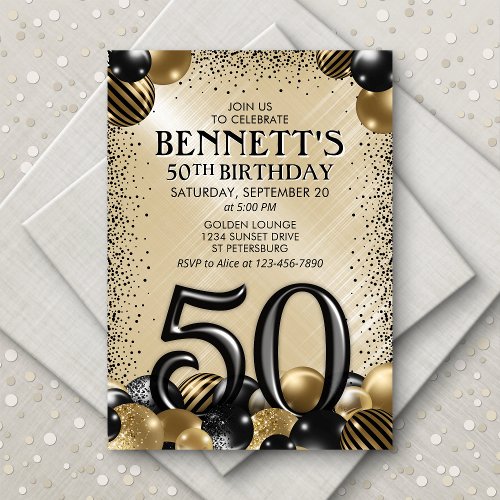 50th Balloons Black Gold Birthday Invitation