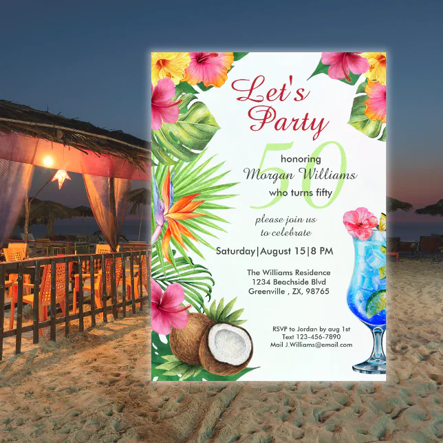 エブリー 50th Bday Tropical Summer Dine & Cocktail Party Invitation | Zazzle