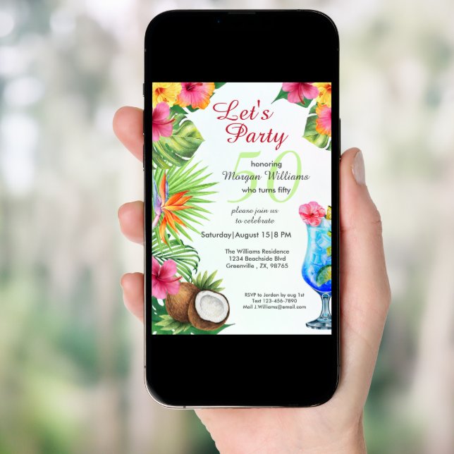 50th Bday Tropical Summer Dine & Cocktail Party  Invitation (Front Digital)