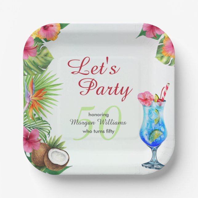 50th Bday Tropical Summer Dine & Cocktail Party  Paper Plates (Front)
