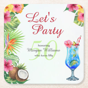50th Bday Tropical Summer Dine & Cocktail Party Square Paper Coaster