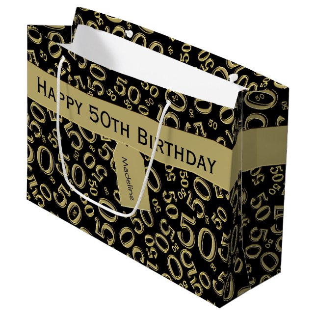 50th Biirthday Random Number Pattern Black/Gold Large Gift Bag (Front Angled)