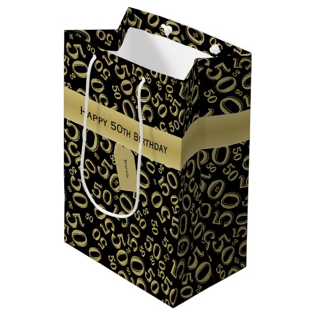 50th Biirthday Random Number Pattern Black/Gold Medium Gift Bag (Front Angled)