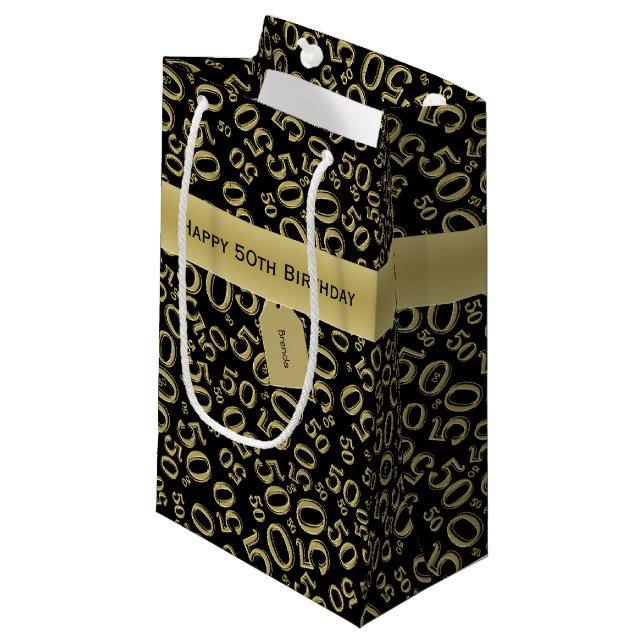 50th Biirthday Random Number Pattern Black/Gold Small Gift Bag (Front Angled)