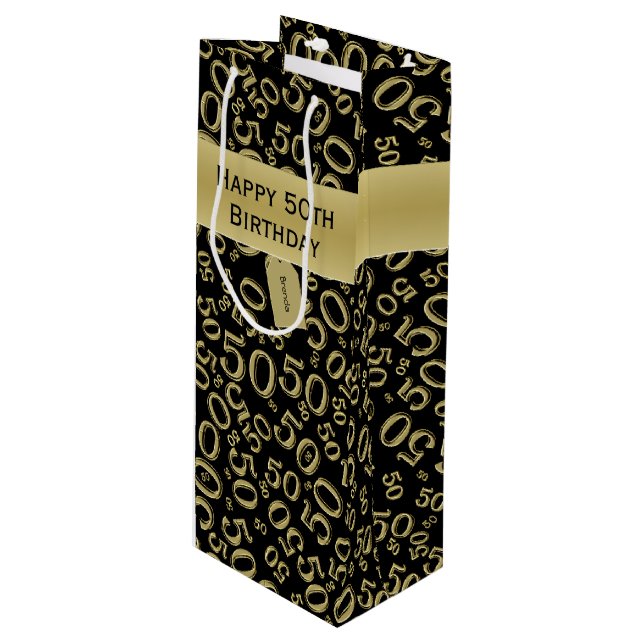50th Biirthday Random Number Pattern Black/Gold Wine Gift Bag (Front Angled)