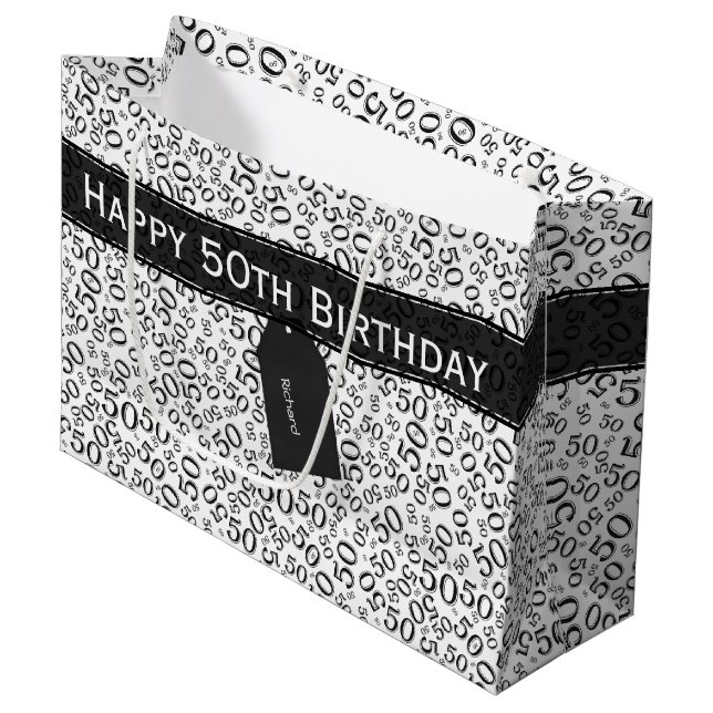 50th Biirthday Random Number Pattern Black/White Large Gift Bag (Front Angled)