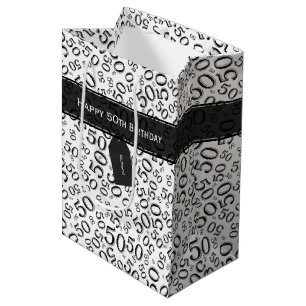 50th Biirthday Random Number Pattern Black/White Medium Gift Bag