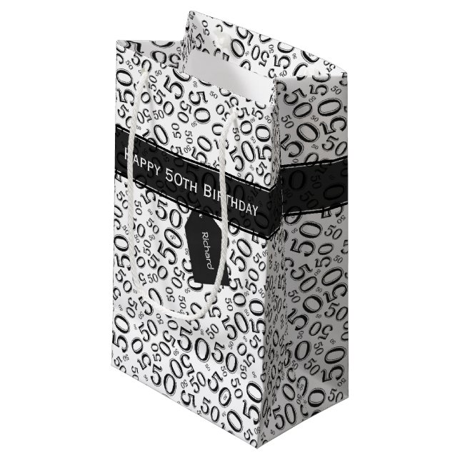 50th Biirthday Random Number Pattern Black/White Small Gift Bag (Front Angled)