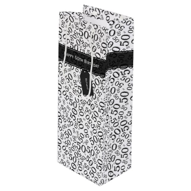 50th Biirthday Random Number Pattern Black/White Wine Gift Bag (Front Angled)