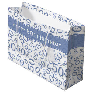 50th Biirthday Random Number Pattern Blue/White Large Gift Bag