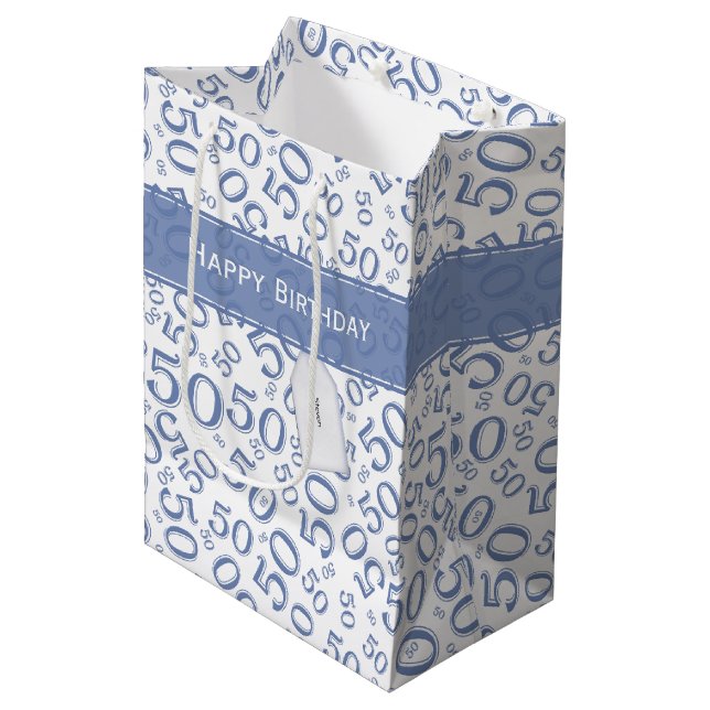 50th Biirthday Random Number Pattern Blue/White Medium Gift Bag (Front Angled)
