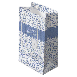 50th Biirthday Random Number Pattern Blue/White Small Gift Bag