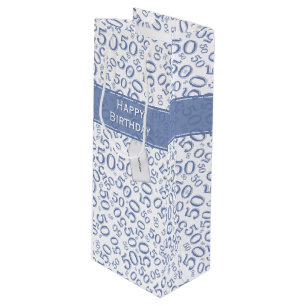 50th Biirthday Random Number Pattern Blue/White Wine Gift Bag