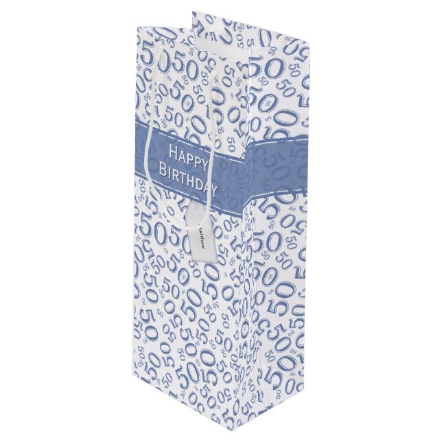 50th Biirthday Random Number Pattern Blue/White Wine Gift Bag (Front Angled)