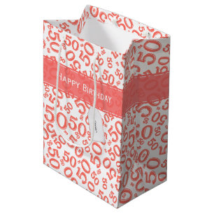 50th Biirthday Random Number Pattern Coral/White Medium Gift Bag