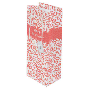 50th Biirthday Random Number Pattern Coral/White Wine Gift Bag