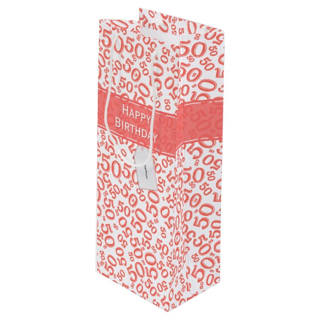 50th Biirthday Random Number Pattern Coral/White Wine Gift Bag (Front Angled)