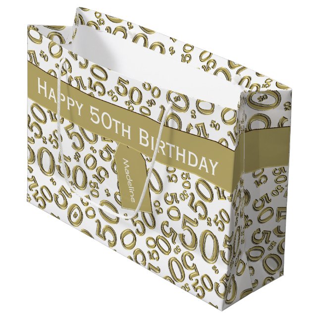 50th Biirthday Random Number Pattern Gold/White Large Gift Bag (Front Angled)