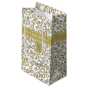 50th Biirthday Random Number Pattern Gold/White Small Gift Bag