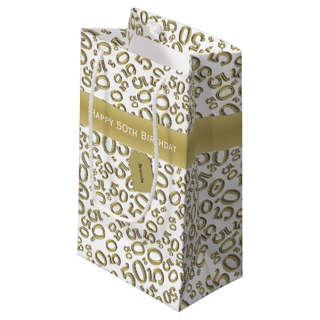 50th Biirthday Random Number Pattern Gold/White Small Gift Bag (Front Angled)
