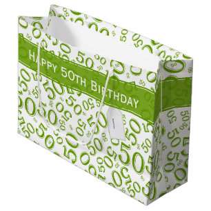 50th Biirthday Random Number Pattern Green/White Large Gift Bag