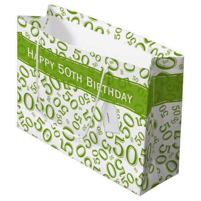 50th Biirthday Random Number Pattern Green/White Large Gift Bag (Front Angled)
