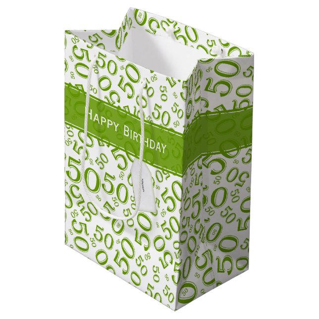 50th Biirthday Random Number Pattern Green/White Medium Gift Bag (Front Angled)