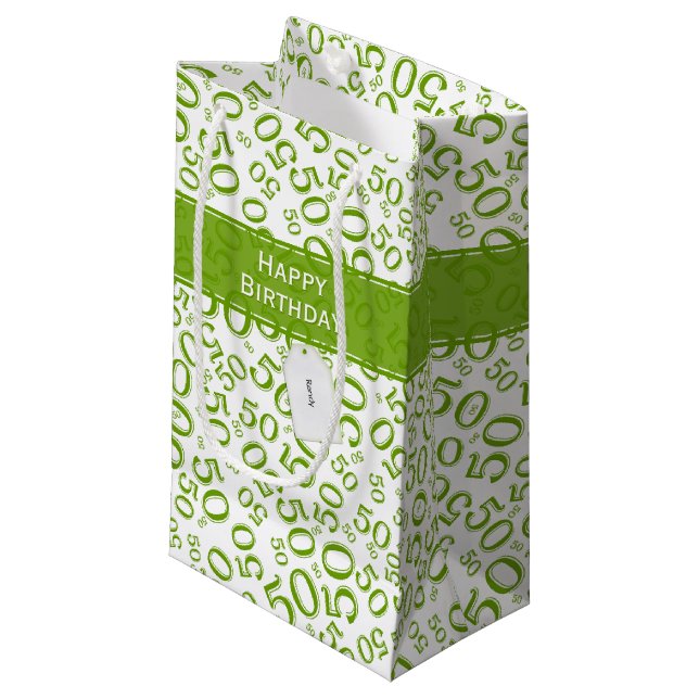 50th Biirthday Random Number Pattern Green/White Small Gift Bag (Front Angled)