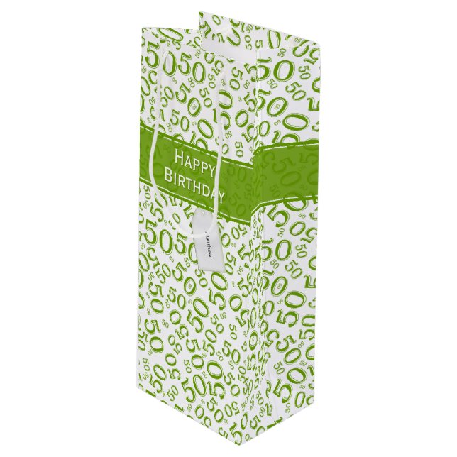 50th Biirthday Random Number Pattern Green/White Wine Gift Bag (Front Angled)