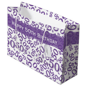 50th Biirthday Random Number Pattern Purple/White Large Gift Bag