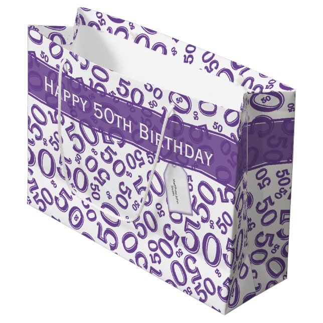 50th Biirthday Random Number Pattern Purple/White Large Gift Bag (Front Angled)