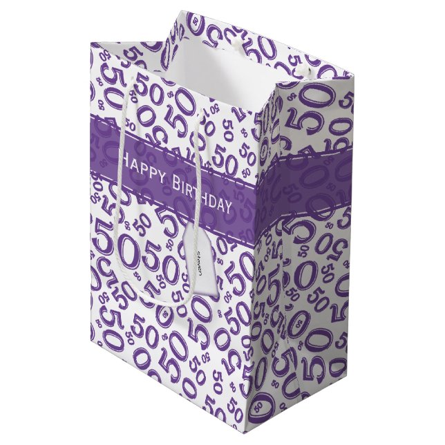 50th Biirthday Random Number Pattern Purple/White Medium Gift Bag (Front Angled)