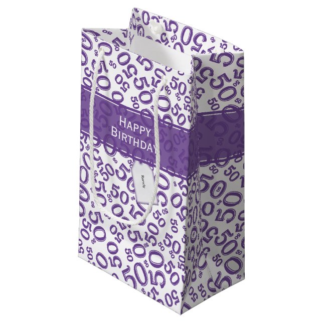 50th Biirthday Random Number Pattern Purple/White Small Gift Bag (Front Angled)