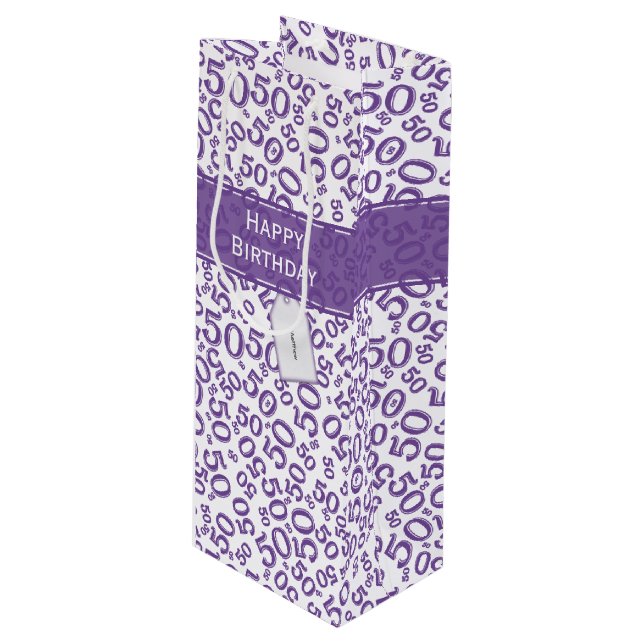 50th Biirthday Random Number Pattern Purple/White Wine Gift Bag (Front Angled)
