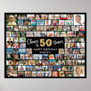 50th Birthday 100 Photos Black Gold Cheers To Year Poster