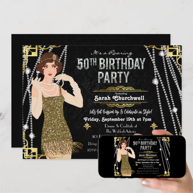 50th Birthday 1920s Gatsby Flapper Girl Birthday Invitation | Zazzle