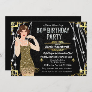 50th Birthday 1920s Gatsby Flapper Girl Birthday  Invitation