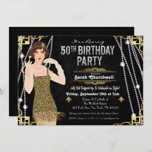 50th Birthday 1920s Gatsby Flapper Girl Birthday Invitation | Zazzle