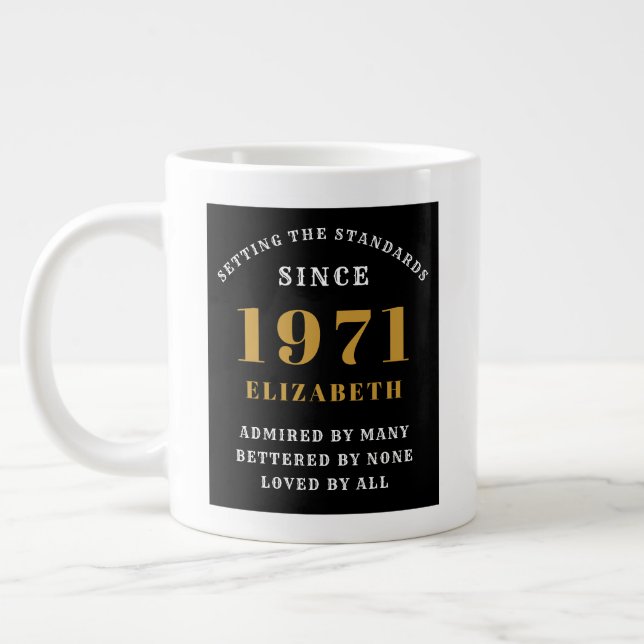 50th Birthday 1971 Black Gold For Her Personalized Giant Coffee Mug (Left)
