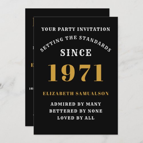 50th Birthday 1971 Black Gold Personalized For Her Invitation