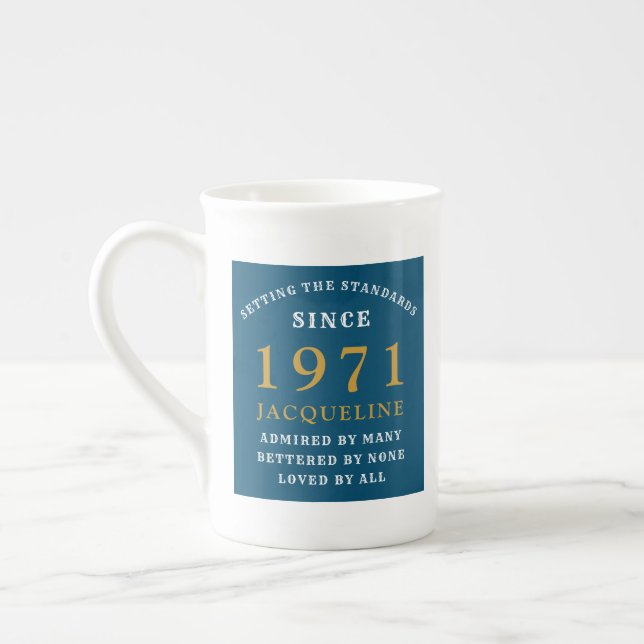 50th Birthday 1971 Blue Gold For Her Personalized Bone China Mug (Left)